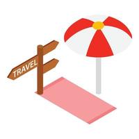 vecteur isométrique d'icône de vacances d'été. serviette de plage parasol et panneau de signalisation