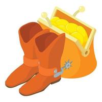 vecteur isométrique d'icône de concept de cow-boy. botte de cow-boy et portefeuille avec icône de pièce d'or