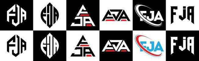 création de logo de lettre fja en six styles. fja polygone, cercle, triangle, hexagone, style plat et simple avec logo de lettre de variation de couleur noir et blanc dans un plan de travail. logo fja minimaliste et classique vecteur