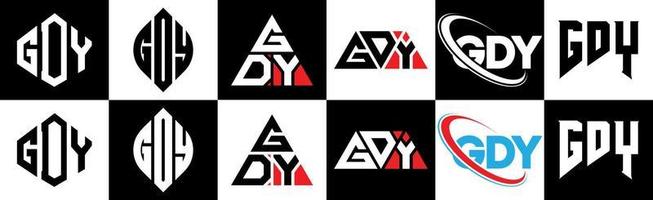 création de logo de lettre gdy en six styles. polygone gdy, cercle, triangle, hexagone, style plat et simple avec logo de lettre de variation de couleur noir et blanc dans un plan de travail. logo gdy minimaliste et classique vecteur