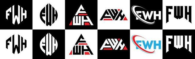 création de logo de lettre fwh en six styles. fwh polygone, cercle, triangle, hexagone, style plat et simple avec logo de lettre de variation de couleur noir et blanc dans un plan de travail. fwh logo minimaliste et classique vecteur