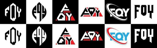 création de logo de lettre fqy en six styles. fqy polygone, cercle, triangle, hexagone, style plat et simple avec logo de lettre de variation de couleur noir et blanc dans un plan de travail. fqy logo minimaliste et classique vecteur