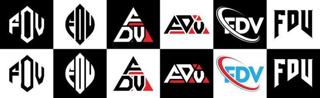 création de logo de lettre fdv en six styles. polygone fdv, cercle, triangle, hexagone, style plat et simple avec logo de lettre de variation de couleur noir et blanc dans un plan de travail. logo fdv minimaliste et classique vecteur