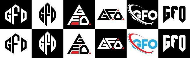 création de logo de lettre gfo en six styles. polygone gfo, cercle, triangle, hexagone, style plat et simple avec logo de lettre de variation de couleur noir et blanc dans un plan de travail. logo gfo minimaliste et classique vecteur