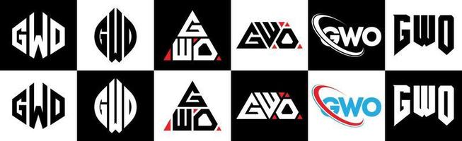 création de logo de lettre gwo en six styles. gwo polygone, cercle, triangle, hexagone, style plat et simple avec logo de lettre de variation de couleur noir et blanc dans un plan de travail. logo gwo minimaliste et classique vecteur