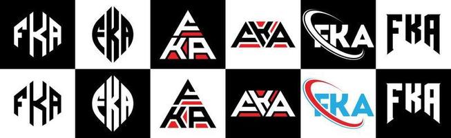 création de logo de lettre fka en six styles. fka polygone, cercle, triangle, hexagone, style plat et simple avec logo de lettre de variation de couleur noir et blanc dans un plan de travail. fka logo minimaliste et classique vecteur