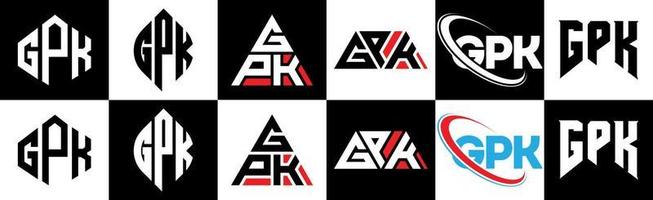 création de logo de lettre gpk en six styles. polygone gpk, cercle, triangle, hexagone, style plat et simple avec logo de lettre de variation de couleur noir et blanc dans un plan de travail. logo gpk minimaliste et classique vecteur