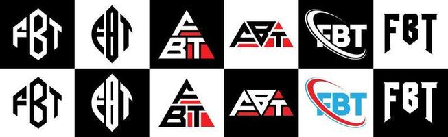 création de logo de lettre fbt en six styles. polygone fbt, cercle, triangle, hexagone, style plat et simple avec logo de lettre de variation de couleur noir et blanc dans un plan de travail. logo fbt minimaliste et classique vecteur