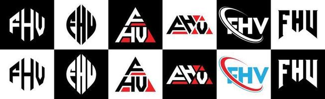 création de logo de lettre fhv en six styles. polygone fhv, cercle, triangle, hexagone, style plat et simple avec logo de lettre de variation de couleur noir et blanc dans un plan de travail. logo fhv minimaliste et classique vecteur