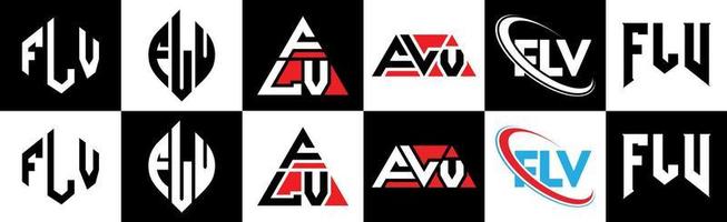 création de logo de lettre flv en six styles. flv polygone, cercle, triangle, hexagone, style plat et simple avec logo de lettre de variation de couleur noir et blanc dans un plan de travail. flv logo minimaliste et classique vecteur