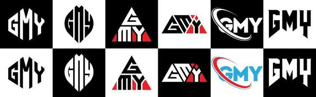 création de logo de lettre gmy en six styles. gmy polygone, cercle, triangle, hexagone, style plat et simple avec logo de lettre de variation de couleur noir et blanc dans un plan de travail. logo gmy minimaliste et classique vecteur