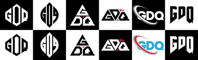 création de logo de lettre gdq en six styles. polygone gdq, cercle, triangle, hexagone, style plat et simple avec logo de lettre de variation de couleur noir et blanc dans un plan de travail. logo gdq minimaliste et classique vecteur