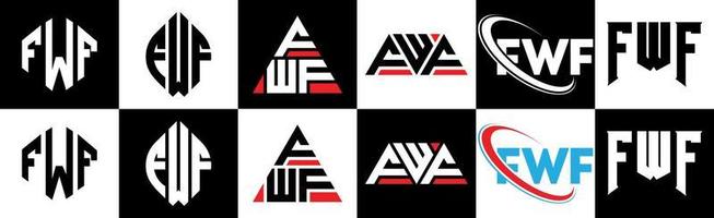 création de logo de lettre fwf en six styles. fwf polygone, cercle, triangle, hexagone, style plat et simple avec logo de lettre de variation de couleur noir et blanc dans un plan de travail. fwf logo minimaliste et classique vecteur