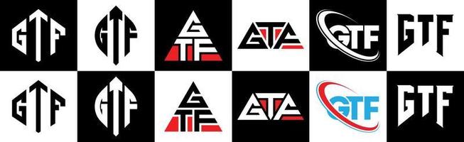 création de logo de lettre gtf en six styles. polygone gtf, cercle, triangle, hexagone, style plat et simple avec logo de lettre de variation de couleur noir et blanc dans un plan de travail. logo minimaliste et classique gtf vecteur