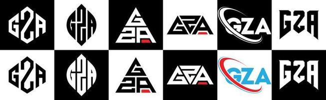 création de logo de lettre gza en six styles. polygone gza, cercle, triangle, hexagone, style plat et simple avec logo de lettre de variation de couleur noir et blanc dans un plan de travail. logo minimaliste et classique gza vecteur