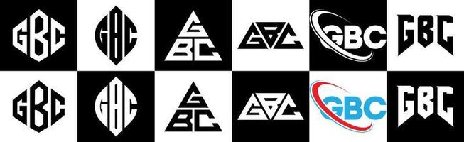 création de logo de lettre gbc en six styles. polygone gbc, cercle, triangle, hexagone, style plat et simple avec logo de lettre de variation de couleur noir et blanc dans un plan de travail. logo minimaliste et classique gbc vecteur
