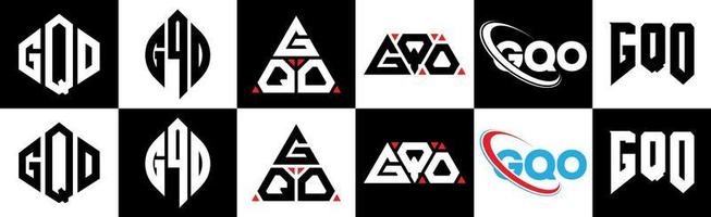 création de logo de lettre gqo en six styles. polygone gqo, cercle, triangle, hexagone, style plat et simple avec logo de lettre de variation de couleur noir et blanc dans un plan de travail. logo minimaliste et classique gqo vecteur