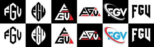 création de logo de lettre fgv en six styles. polygone fgv, cercle, triangle, hexagone, style plat et simple avec logo de lettre de variation de couleur noir et blanc dans un plan de travail. logo fgv minimaliste et classique vecteur