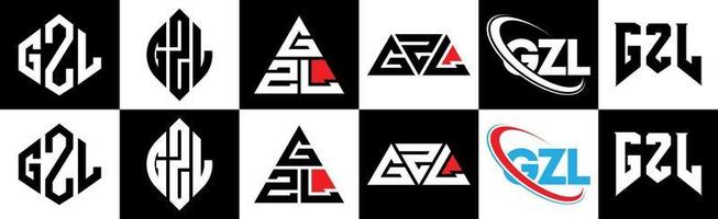 création de logo de lettre gzl en six styles. gzl polygone, cercle, triangle, hexagone, style plat et simple avec logo de lettre de variation de couleur noir et blanc dans un plan de travail. logo minimaliste et classique gzl vecteur