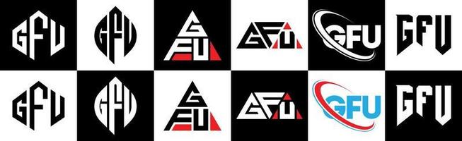 création de logo de lettre gfu en six styles. gfu polygone, cercle, triangle, hexagone, style plat et simple avec logo de lettre de variation de couleur noir et blanc dans un plan de travail. logo minimaliste et classique gfu vecteur