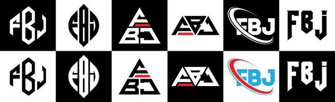 création de logo de lettre fbj en six styles. fbj polygone, cercle, triangle, hexagone, style plat et simple avec logo de lettre de variation de couleur noir et blanc dans un plan de travail. logo fbj minimaliste et classique vecteur