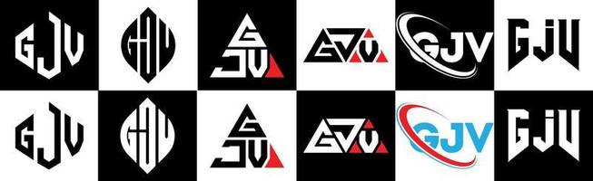 création de logo de lettre gjv en six styles. gjv polygone, cercle, triangle, hexagone, style plat et simple avec logo de lettre de variation de couleur noir et blanc dans un plan de travail. logo minimaliste et classique gjv vecteur