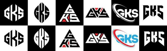 création de logo de lettre gks en six styles. gks polygone, cercle, triangle, hexagone, style plat et simple avec logo de lettre de variation de couleur noir et blanc dans un plan de travail. logo gks minimaliste et classique vecteur