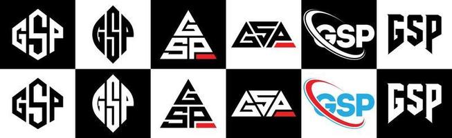 création de logo de lettre gsp en six styles. polygone gsp, cercle, triangle, hexagone, style plat et simple avec logo de lettre de variation de couleur noir et blanc dans un plan de travail. logo gsp minimaliste et classique vecteur