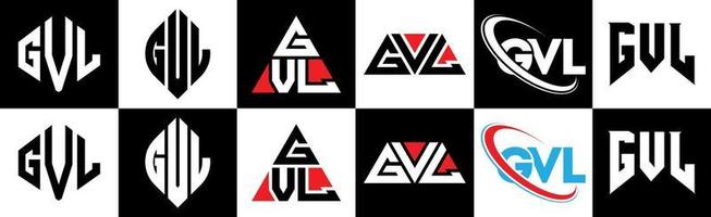 création de logo de lettre gvl en six styles. gvl polygone, cercle, triangle, hexagone, style plat et simple avec logo de lettre de variation de couleur noir et blanc dans un plan de travail. logo gvl minimaliste et classique vecteur