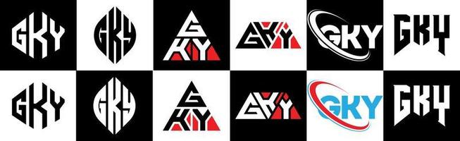 création de logo de lettre gky en six styles. polygone gky, cercle, triangle, hexagone, style plat et simple avec logo de lettre de variation de couleur noir et blanc dans un plan de travail. logo minimaliste et classique gky vecteur