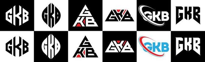 création de logo de lettre gkb en six styles. gkb polygone, cercle, triangle, hexagone, style plat et simple avec logo de lettre de variation de couleur noir et blanc dans un plan de travail. logo gkb minimaliste et classique vecteur