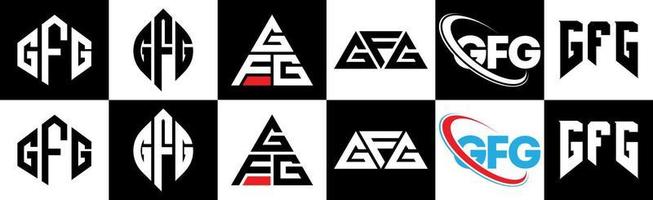 création de logo de lettre gfg en six styles. gfg polygone, cercle, triangle, hexagone, style plat et simple avec logo de lettre de variation de couleur noir et blanc dans un plan de travail. logo gfg minimaliste et classique vecteur