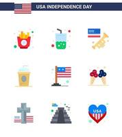 joyeux jour de l'indépendance 9 appartements pack d'icônes pour le web et l'impression pays drapeau de vacances boisson gâteau modifiable usa day vector design elements