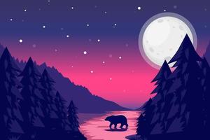 paysage de nuit avec ciel étoilé et silhouette d'ours vecteur