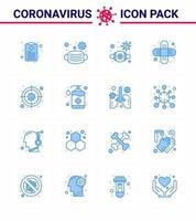 covid19 protection coronavirus pendamic 16 ensemble d'icônes bleues telles que le masque cible de maladie aide aux blessures coronavirus viral 2019nov éléments de conception de vecteur de maladie