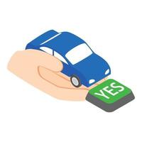 vecteur isométrique d'icône d'assurance automobile. main humaine tenant la voiture bleue et le bouton oui