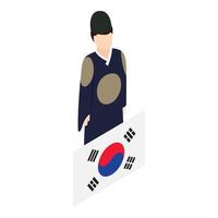 vecteur isométrique d'icône d'homme coréen. vêtements traditionnels coréens et drapeau du pays