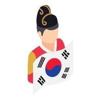 vecteur isométrique d'icône de gars coréen. homme en costume national avec le drapeau du pays