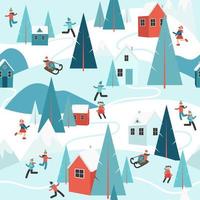 vacances de noël modèle sans couture dans les montagnes. neige de paysage extérieur d'hiver, maisons chaleureuses, personnes et pins. enfants qui jouent. maison de station de ski de fond de forêt. illustration vectorielle. vecteur