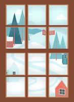 vacances à la montagne à l'intérieur de la maison chaleureuse et confortable regardant par la fenêtre. paysage d'hiver neige, maisons et arbres. petite maison de village hygge. station de ski de fond de forêt. illustration vectorielle. vecteur