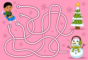 jeu de puzzle de labyrinthe pour les enfants avec un garçon de dessin animé mignon jouant au traîneau sapin de noël et bonhomme de neige feuille de travail imprimable d'hiver