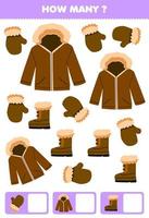 jeu éducatif pour les enfants cherchant et comptant combien d'objets de dessin animé mignon mitaine veste botte feuille de travail imprimable d'hiver vecteur