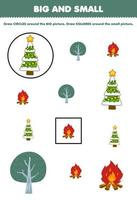 jeu éducatif pour les enfants organiser par taille grande ou petite en dessinant un cercle et un carré de dessin animé mignon sapin de noël et feu de joie feuille de travail imprimable d'hiver vecteur