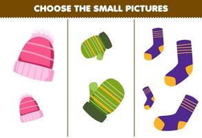 jeu éducatif pour les enfants choisir la petite image de dessin animé mignon bonnet chapeau mitaine chaussette feuille de travail imprimable d'hiver vecteur