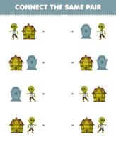 jeu éducatif pour les enfants connecter la même image de dessin animé mignon zombie maison fantasmagorique et paire de pierre tombale imprimable feuille de travail halloween