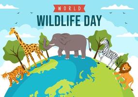 journée mondiale de la faune le 3 mars pour sensibiliser les animaux, planter et préserver leur habitat dans la forêt en dessin animé plat illustration de modèle dessiné à la main vecteur