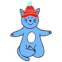 joli chat bleu au chapeau rouge méditant dans la pose de lotus avec guirlande du nouvel an, clipart dessiné à la main pour carte de noël, conception de la couverture, affiche, symbole du zodiaque chinois de 2023