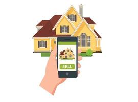 illustration vectorielle vendant des produits pour la maison en ligne avec un appareil mobile, adaptée aux diagrammes, infographies et autres ressources graphiques vecteur