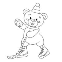 ourson mignon dans un chapeau du nouvel an jouant au hockey, divertissement d'hiver, ligne, croquis vecteur