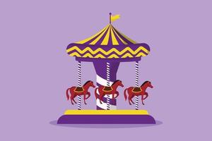 conception graphique à plat dessin d'un carrousel de chevaux colorés dans un parc d'attractions tournant en cercle sous une tente rayée avec un drapeau dessus. jouer sur le festival en plein air de la fête foraine. illustration vectorielle de style dessin animé vecteur